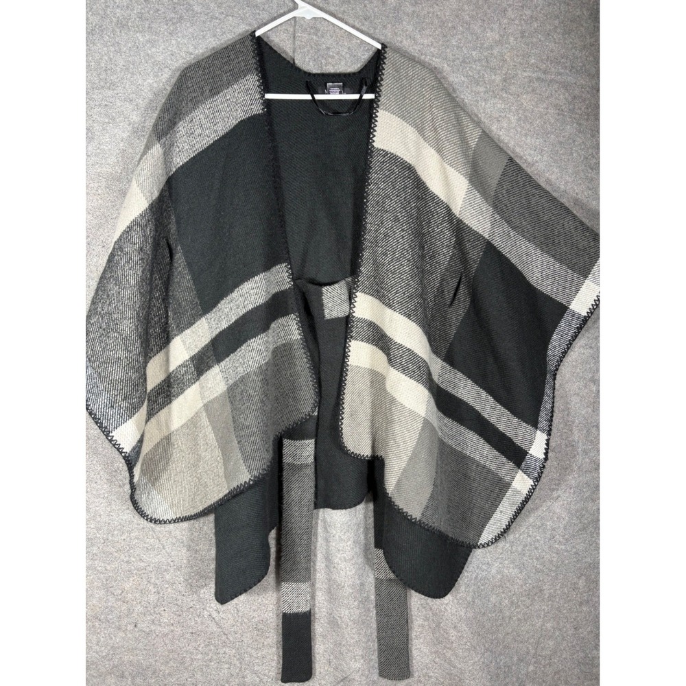 Marcus Adler New York Plaid Poncho Wrap Cape Black‎ Grey Belted OSFM